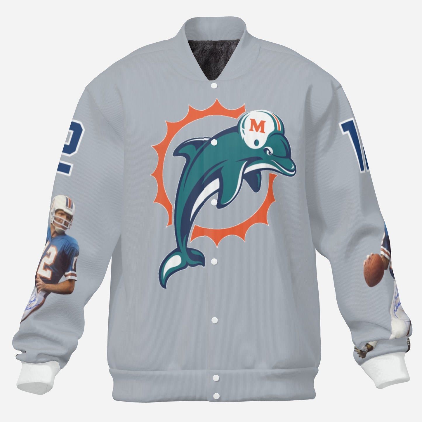 Miami Dolphins Men's Padded Double Layer Baseball Jersey Jacket (Light Gray)