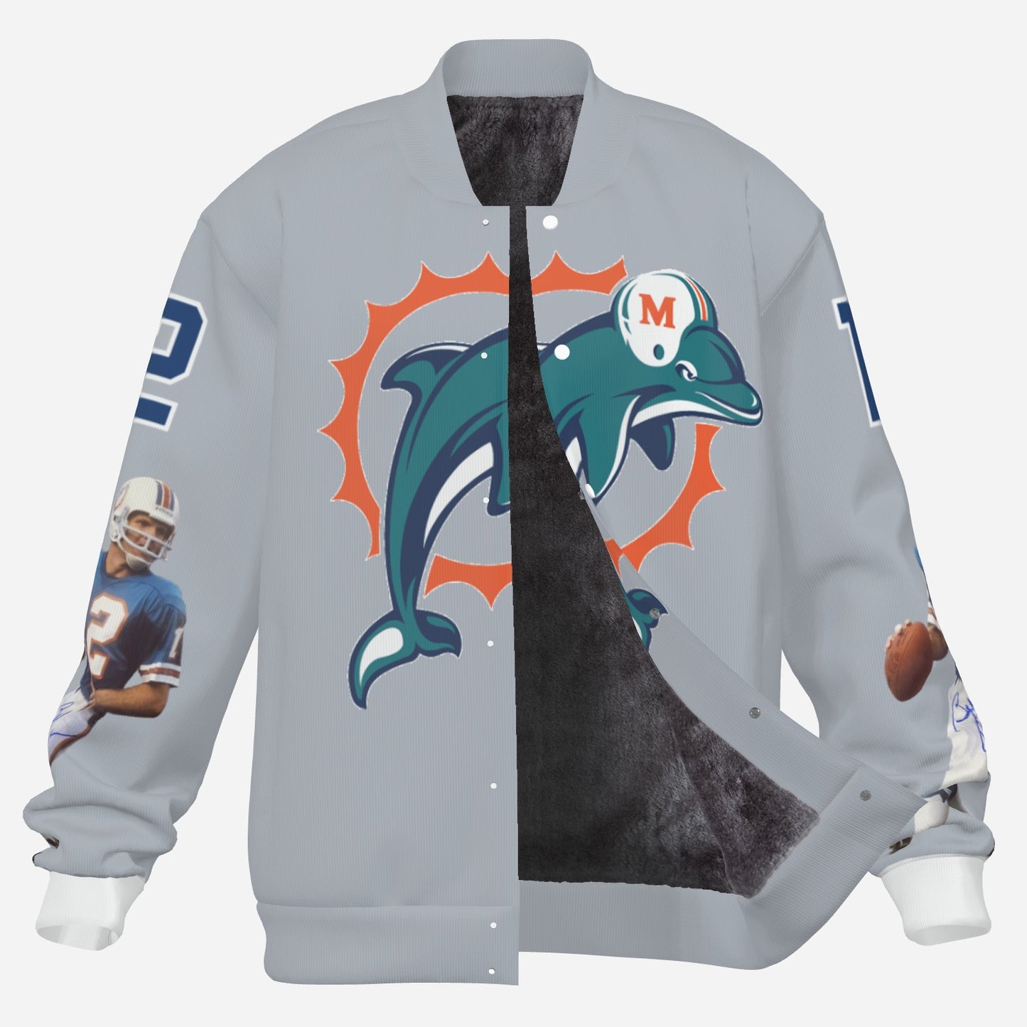 Miami Dolphins Men's Padded Double Layer Baseball Jersey Jacket (Light Gray)