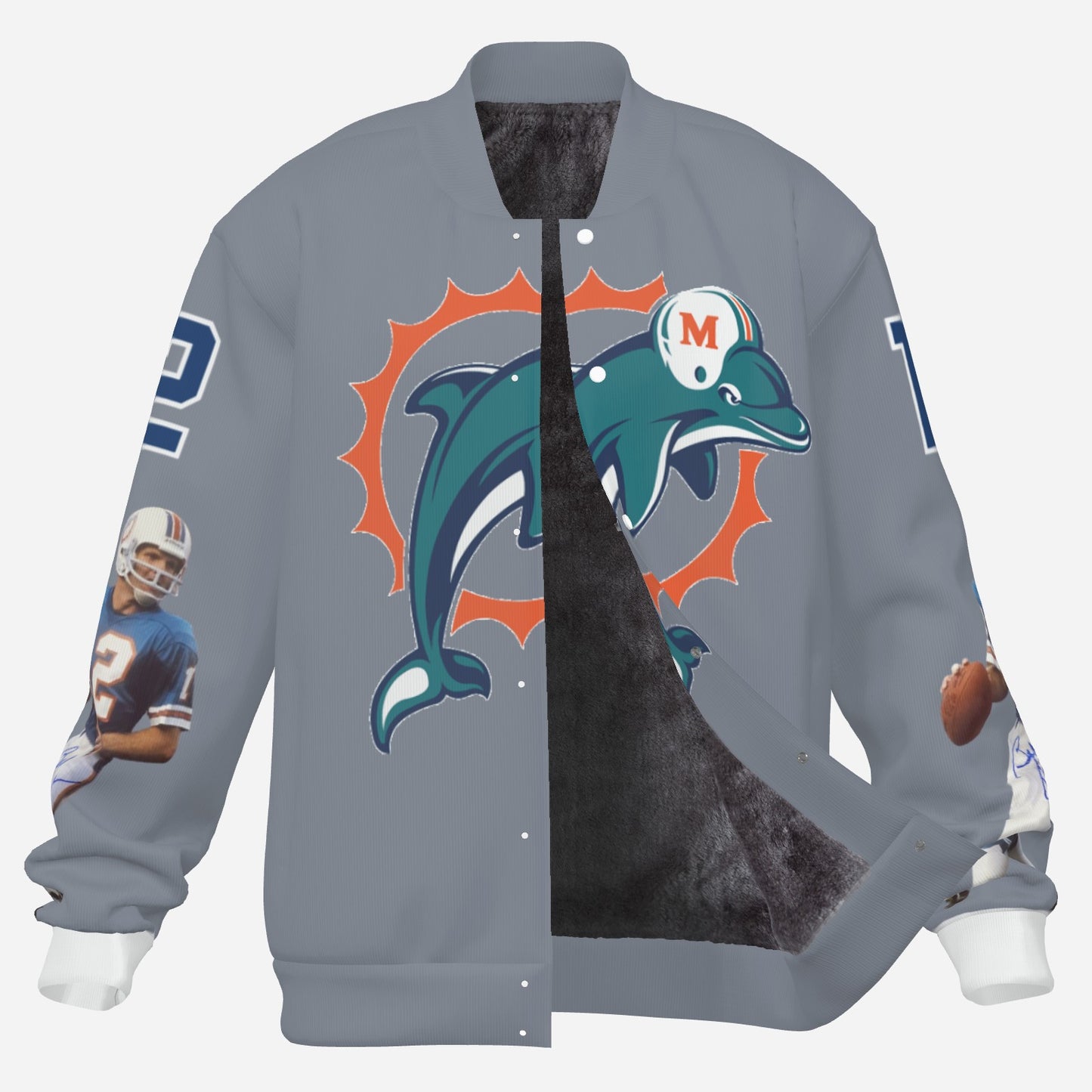 Miami Dolphins Men's Padded Double Layer Baseball Jersey Jacket (Gray)